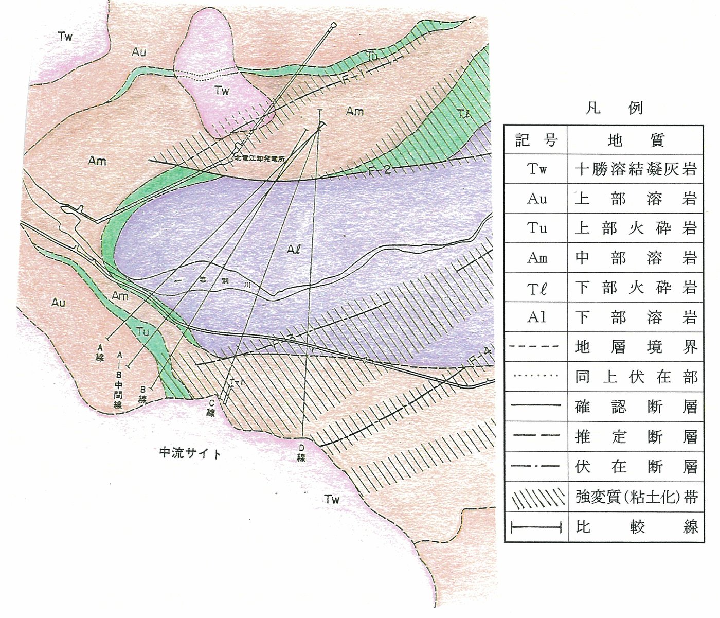 図―10　中流サイトの地質とダム軸の関係